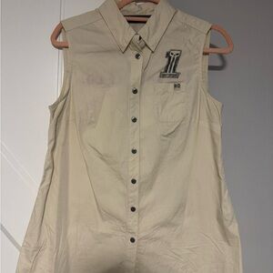 Sleeveless Beige Button-Up Shirt